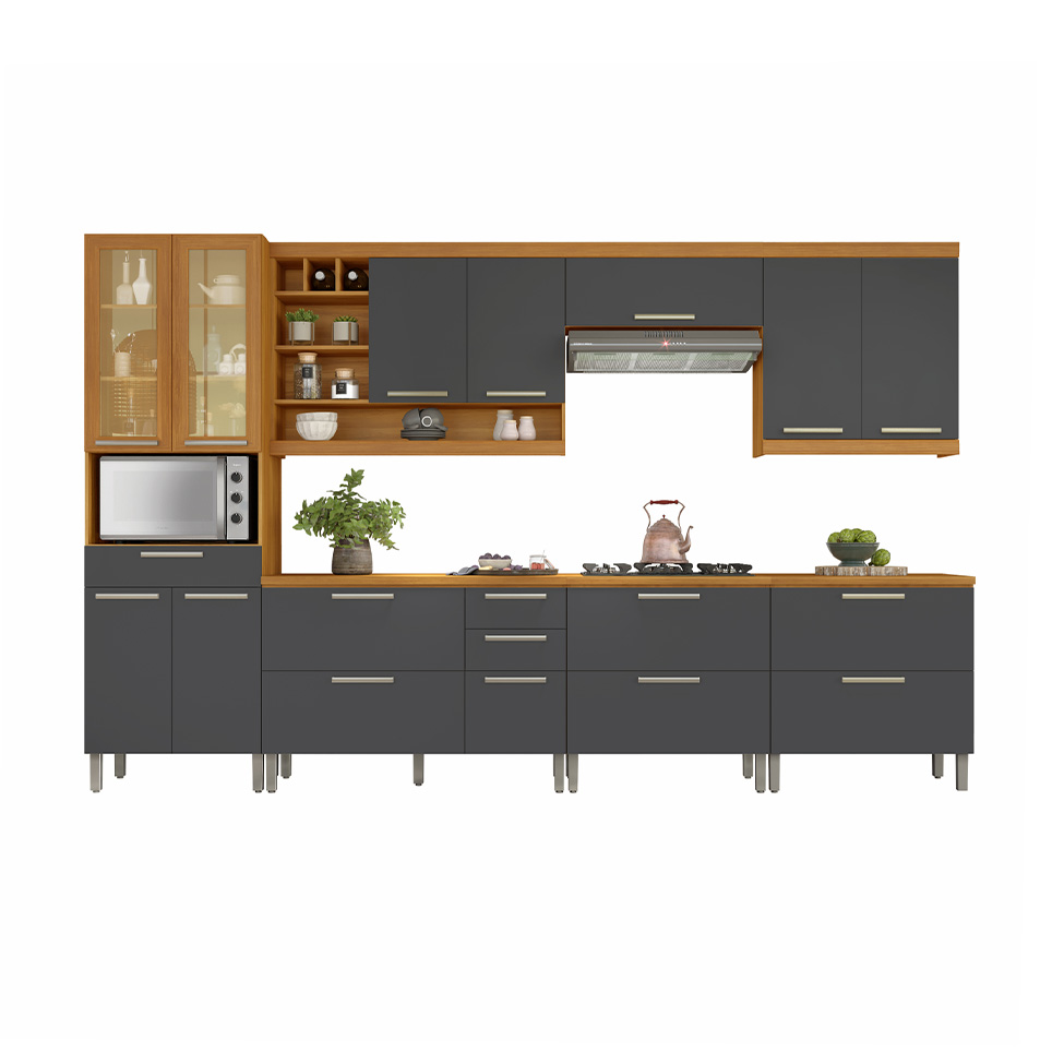 Cozinha Compacta Burguesa Premium com Vidro Reflecta 13 Portas 6 Gavetas Freijó e Grafite