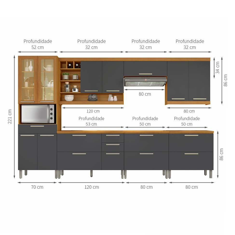 Cozinha Compacta Burguesa Premium com Vidro Reflecta 13 Portas 6 Gavetas Freijó e Grafite
