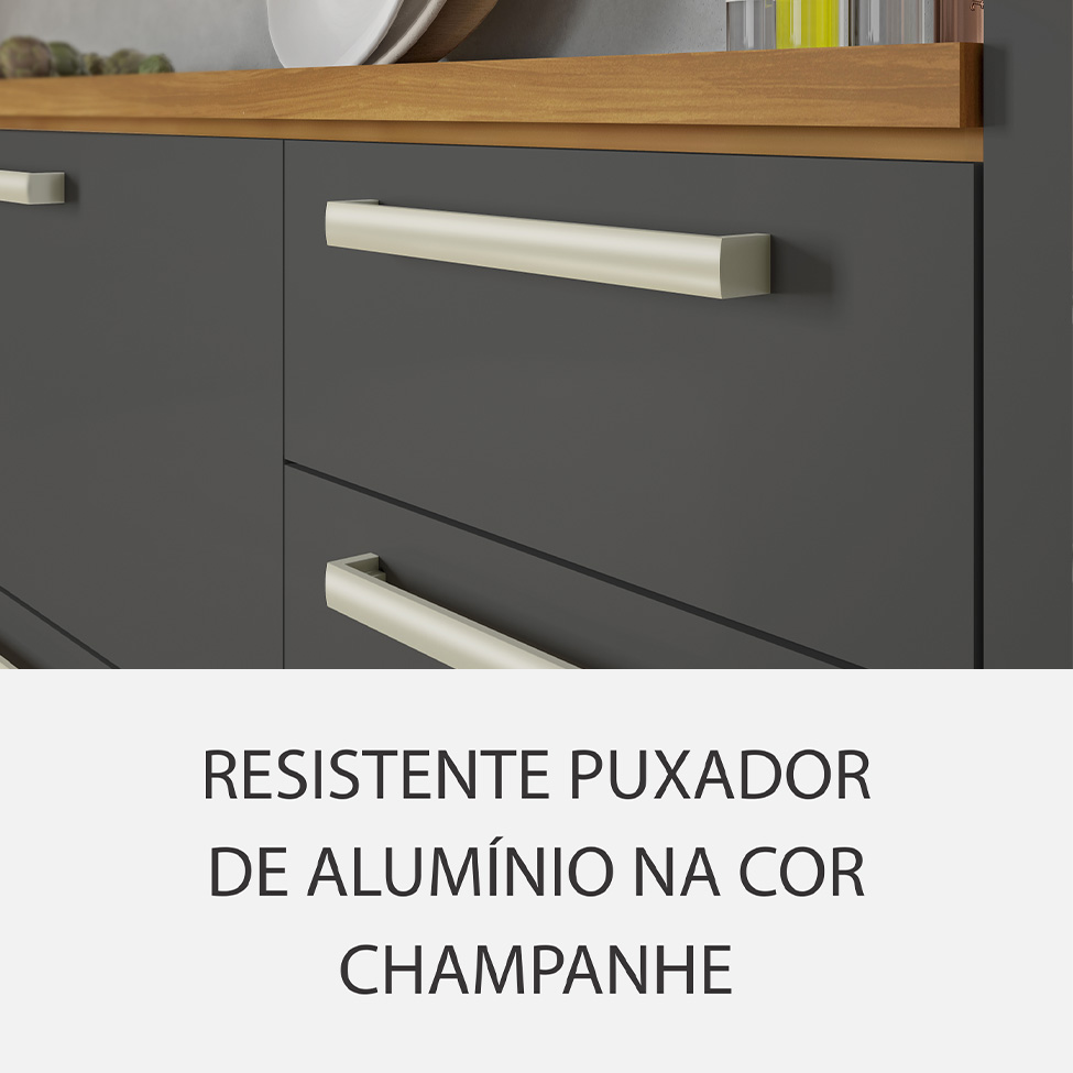 Cozinha Compacta Burguesa Premium com Vidro Reflecta 13 Portas 6 Gavetas Freijó e Grafite