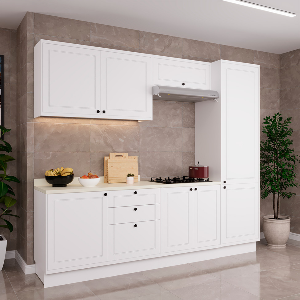Cozinha Compacta Évora com Tampo para Cooktop 8 Portas 3 Gavetas Branco Ártico