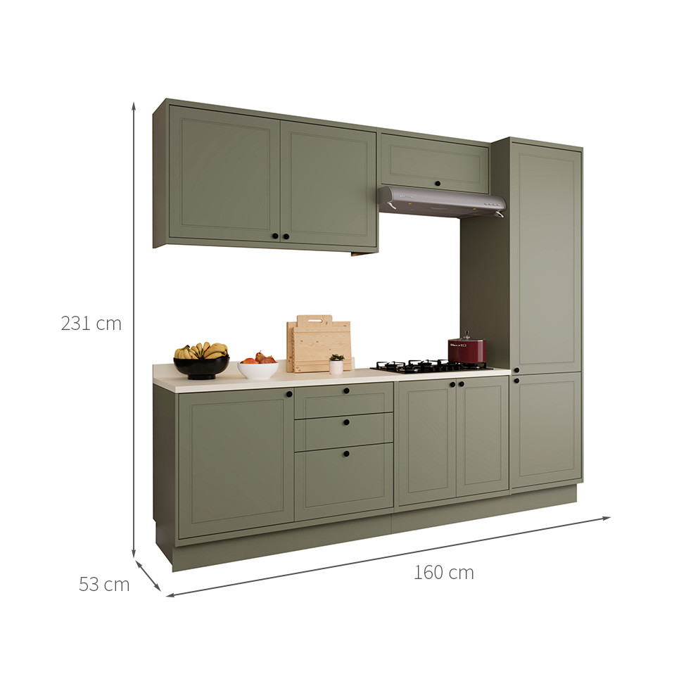 Cozinha Compacta Évora com Tampo para Cooktop 8 Portas 3 Gavetas Verde Hill