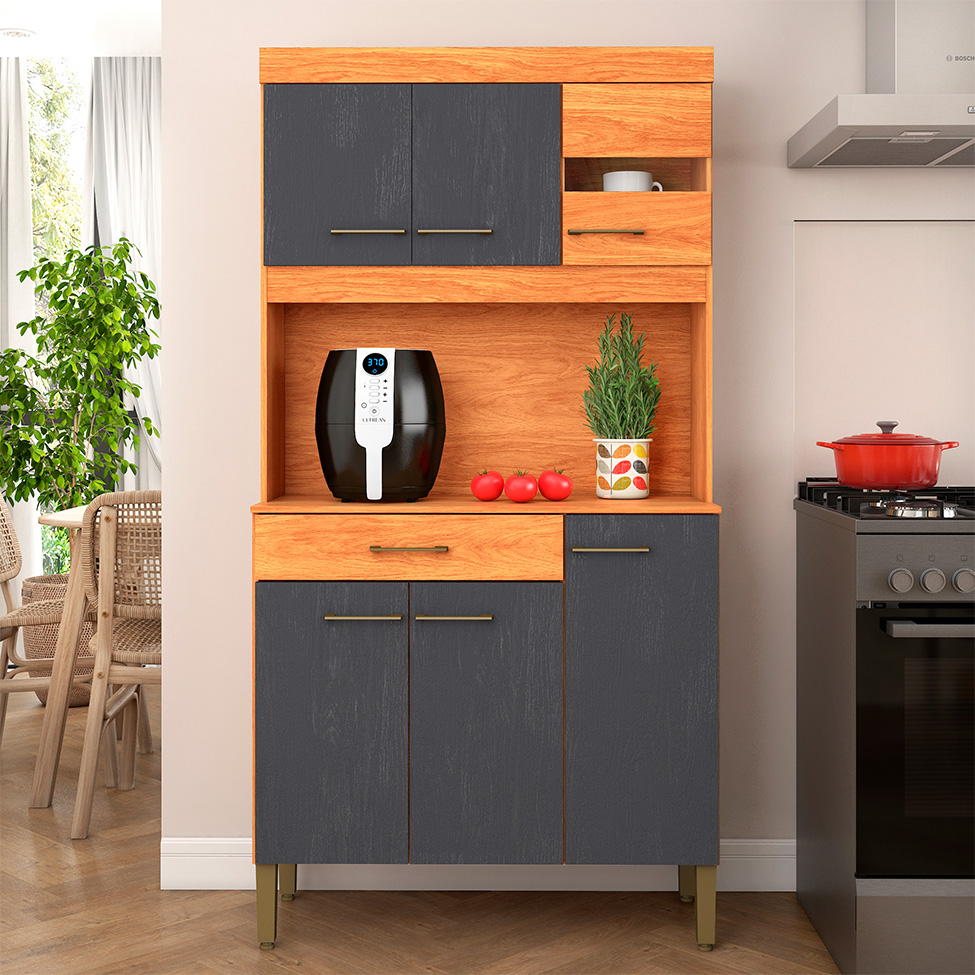 Cozinha Compacta Carla 6 Portas 1 Gaveta Cinamomo e Grafite