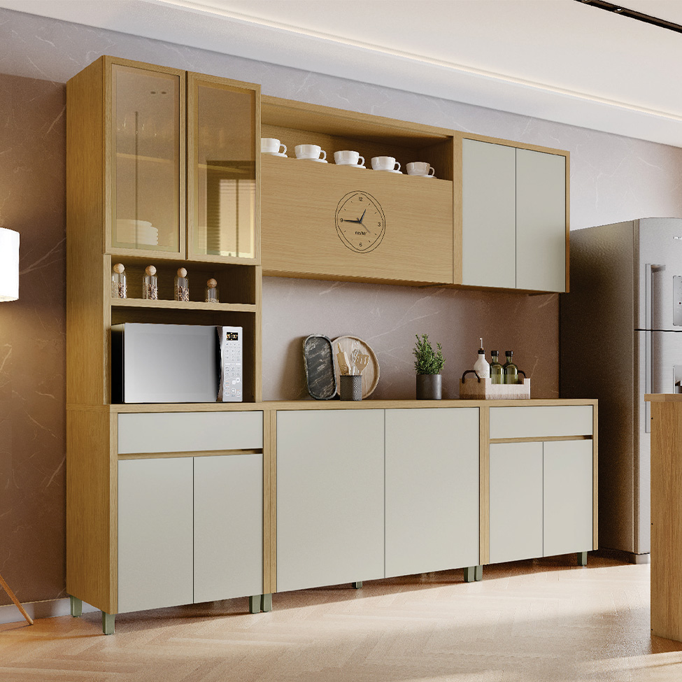 Cozinha Compacta Condessa com Vidro Reflecta e Relógio 11 Portas 2 Gavetas Carvalho e Greige