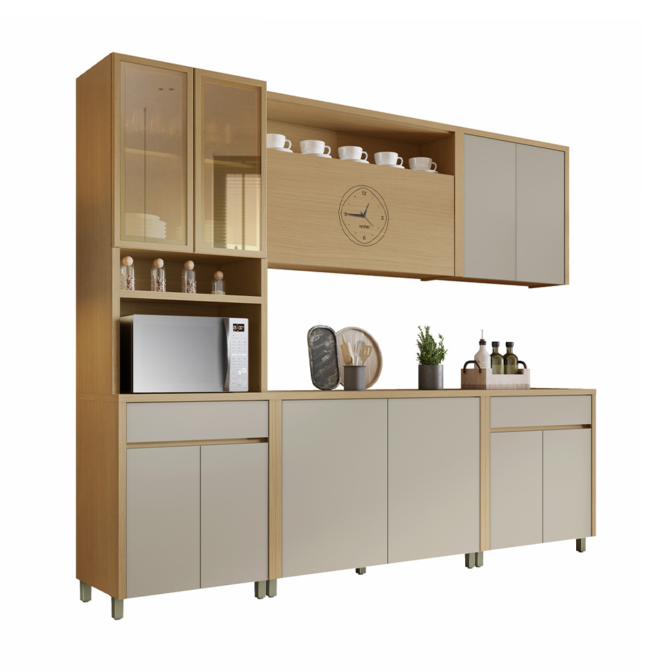 Cozinha Compacta Condessa com Vidro Reflecta e Relógio 11 Portas 2 Gavetas Carvalho e Greige