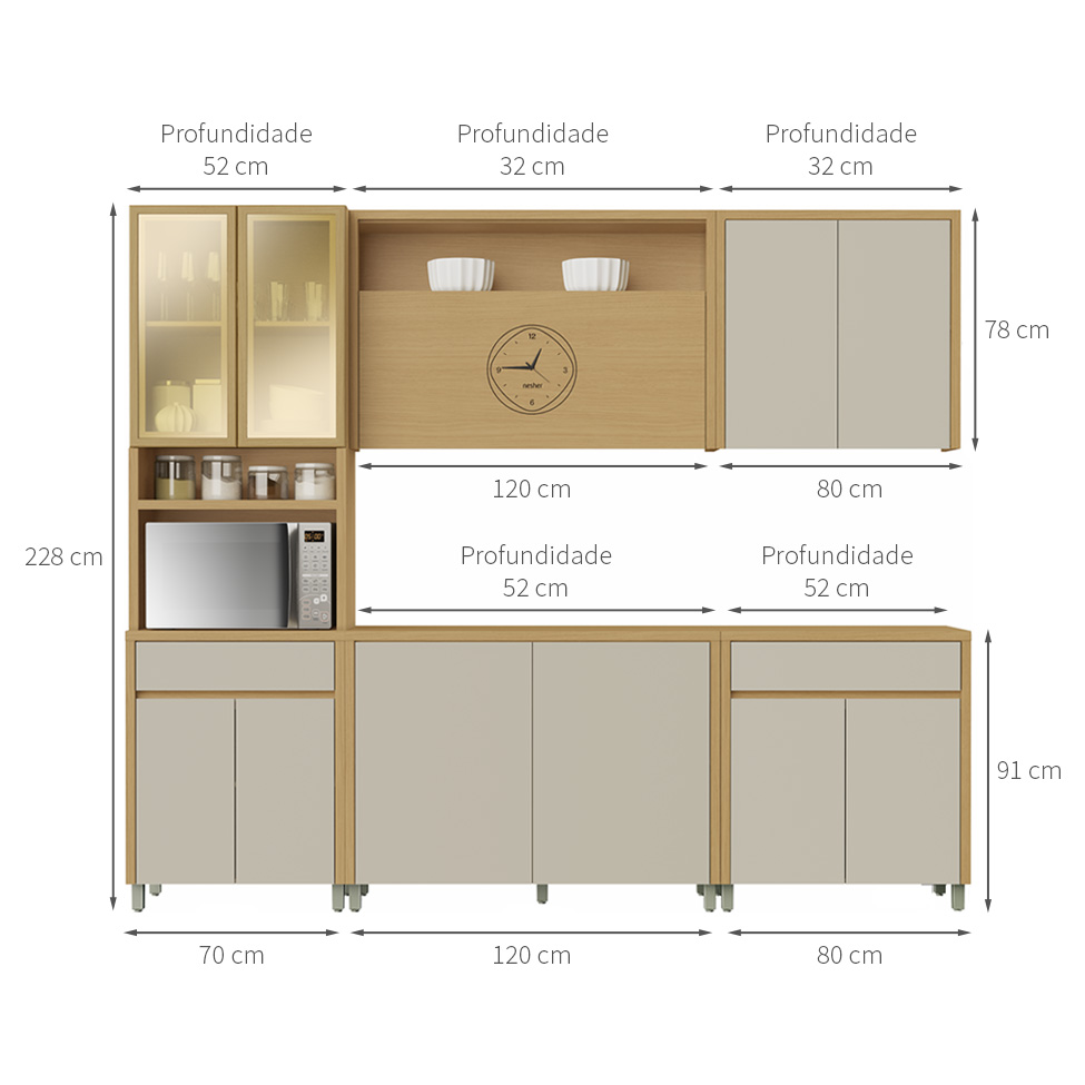Cozinha Compacta Condessa com Vidro Reflecta e Relógio 11 Portas 2 Gavetas Carvalho e Greige