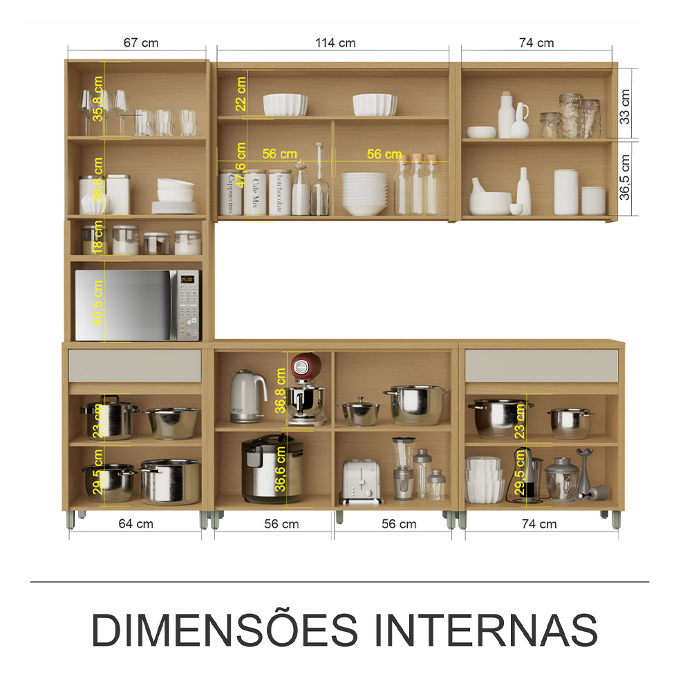 Cozinha Compacta Condessa com Vidro Reflecta e Relógio 11 Portas 2 Gavetas Carvalho e Greige
