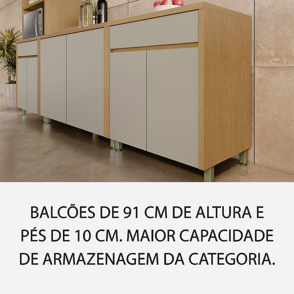 Cozinha Compacta Condessa com Vidro Reflecta e Relógio 11 Portas 2 Gavetas Carvalho e Greige
