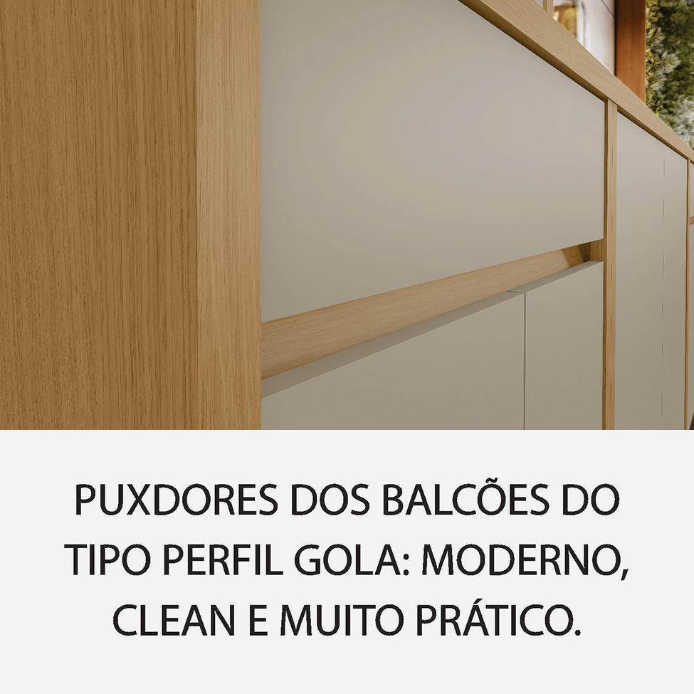 Cozinha Compacta Condessa com Vidro Reflecta e Relógio 11 Portas 2 Gavetas Carvalho e Greige