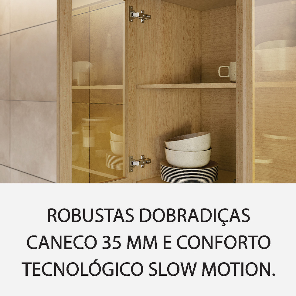 Cozinha Compacta Condessa com Vidro Reflecta e Relógio 11 Portas 2 Gavetas Carvalho e Greige