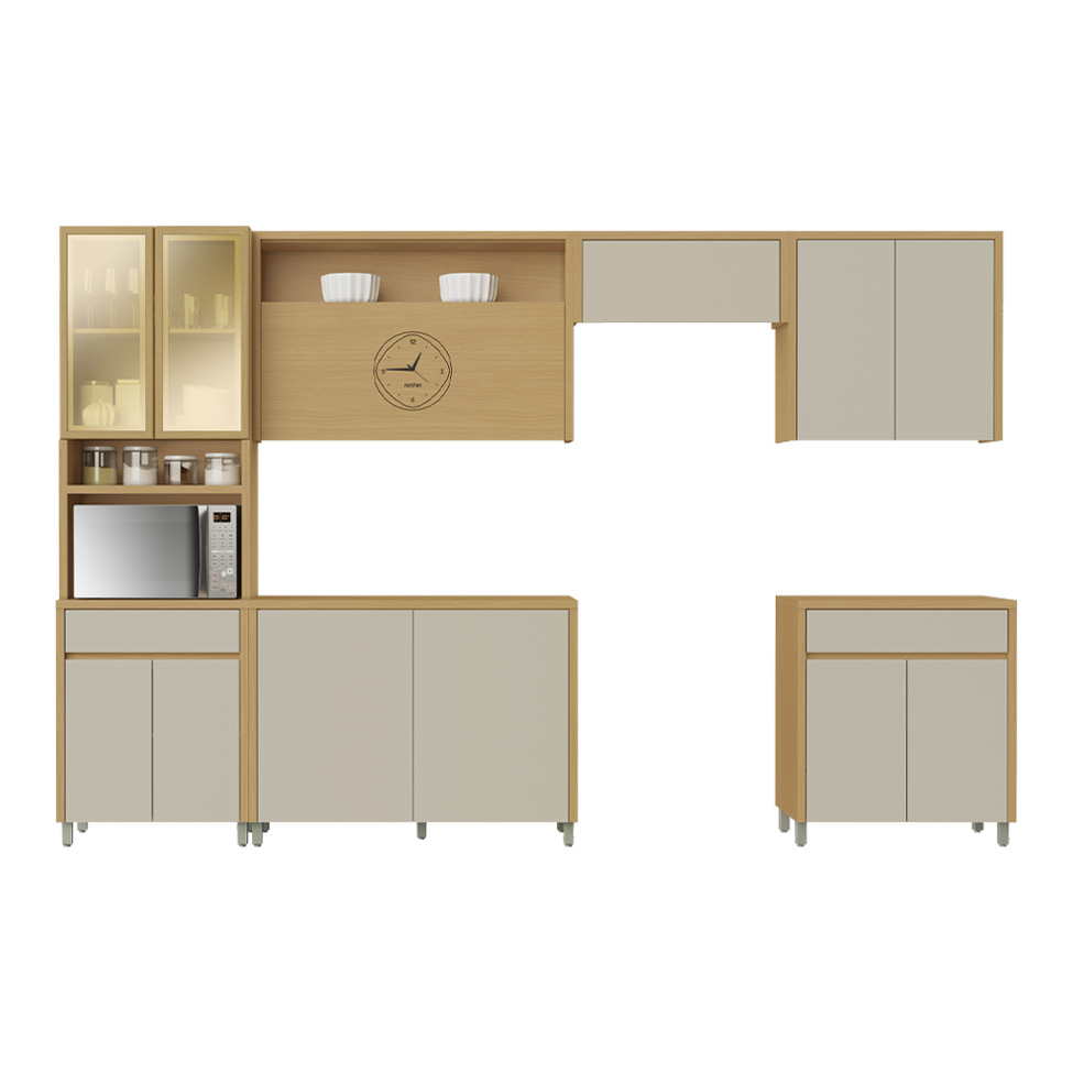 Cozinha Compacta Condessa com Vidro Reflecta e Relógio 12 Portas 2 Gavetas Carvalho e Greige