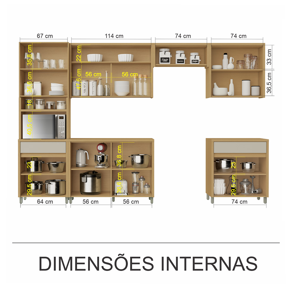 Cozinha Compacta Condessa com Vidro Reflecta e Relógio 12 Portas 2 Gavetas Carvalho e Greige