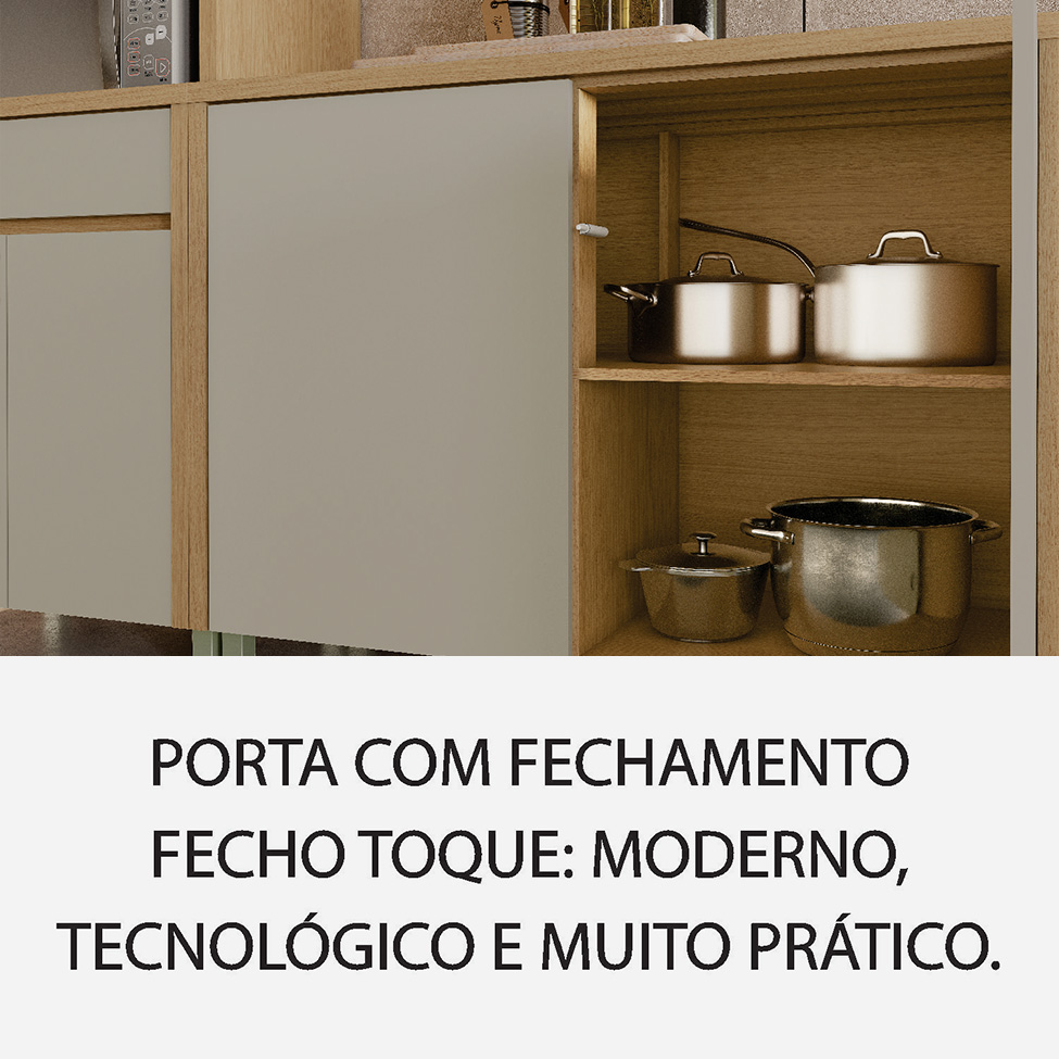 Cozinha Compacta Condessa com Vidro Reflecta e Relógio 12 Portas 2 Gavetas Carvalho e Greige