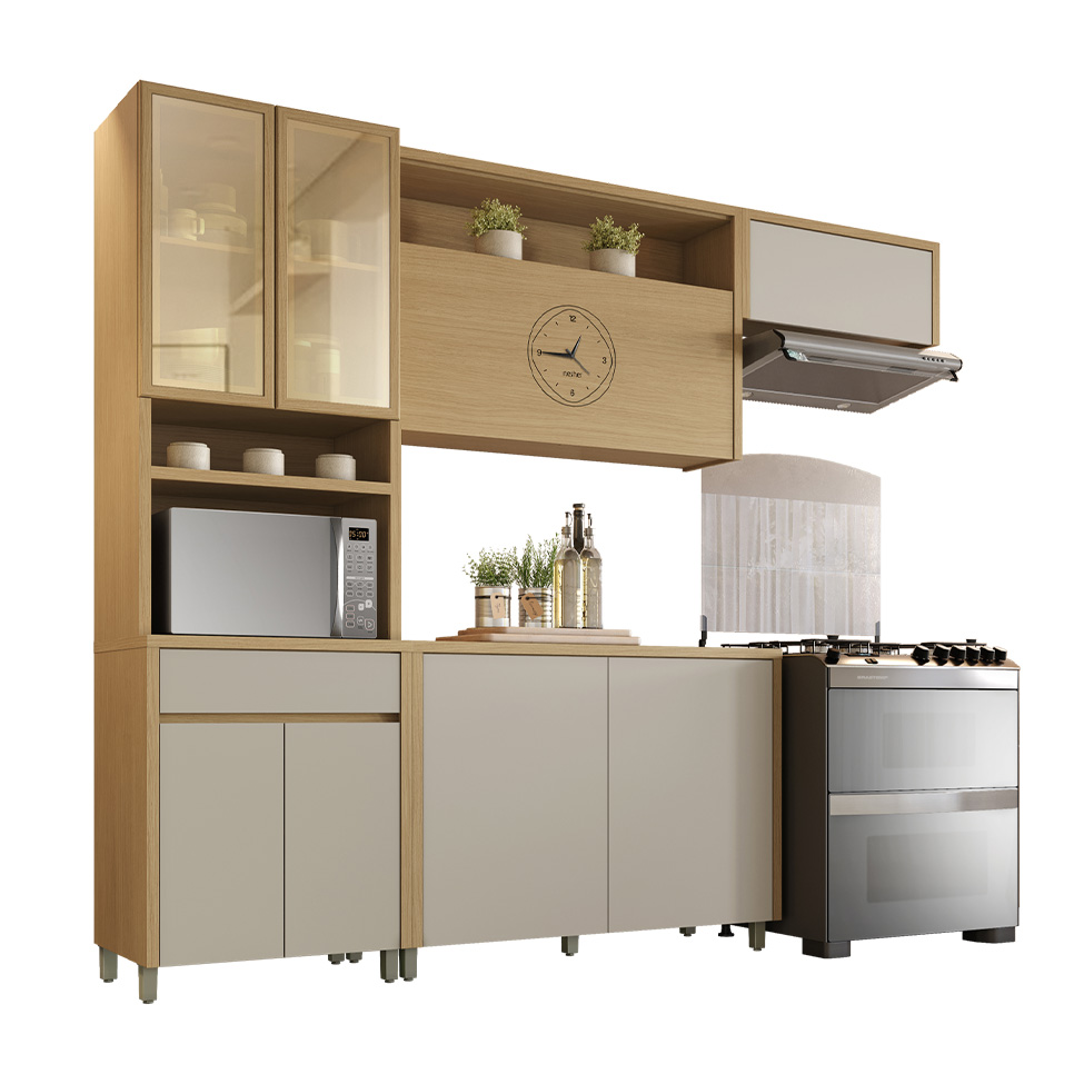 Cozinha Compacta Condessa com Vidro Reflecta e Relógio 8 Portas 1 Gaveta Carvalho e Greige