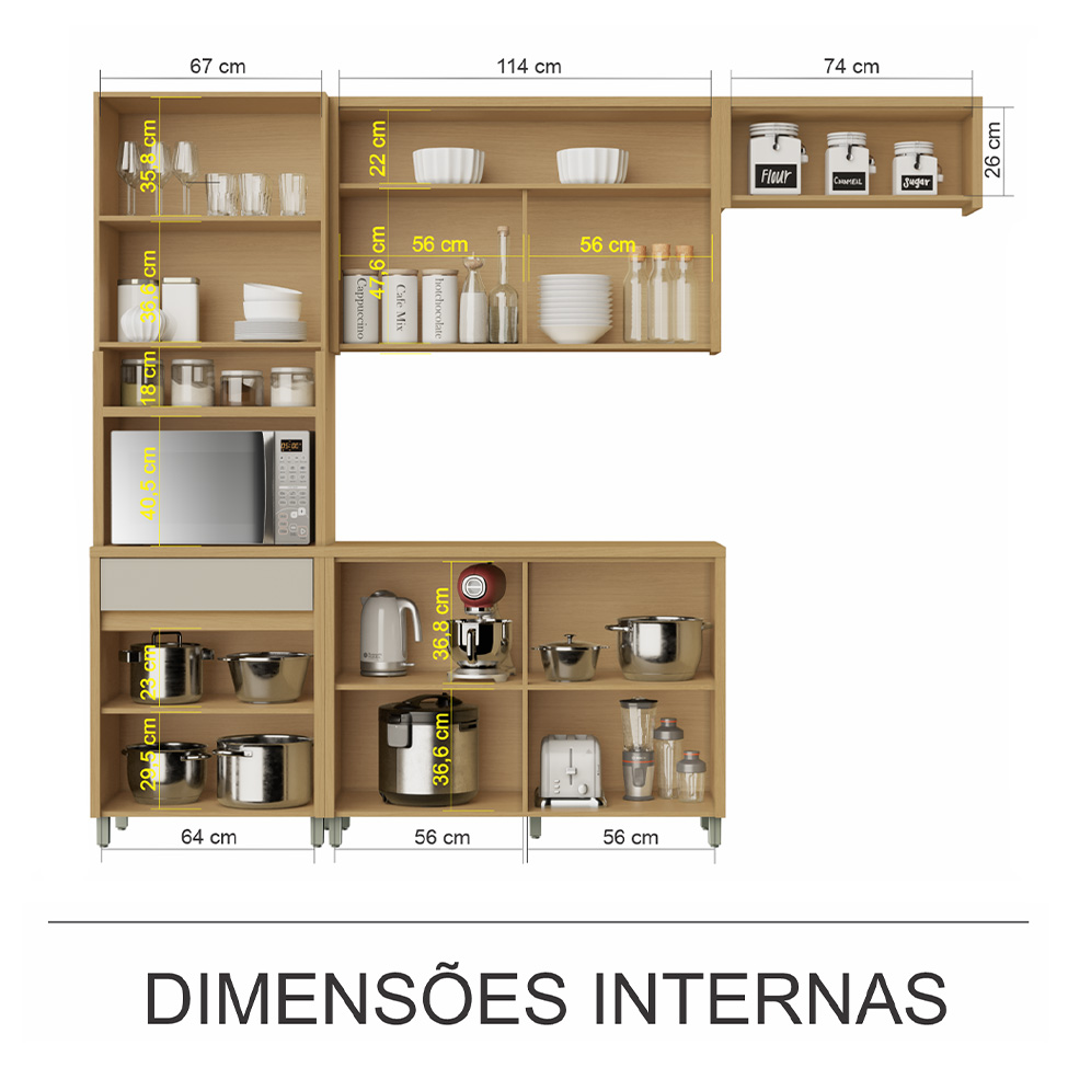 Cozinha Compacta Condessa com Vidro Reflecta e Relógio 8 Portas 1 Gaveta Carvalho e Greige