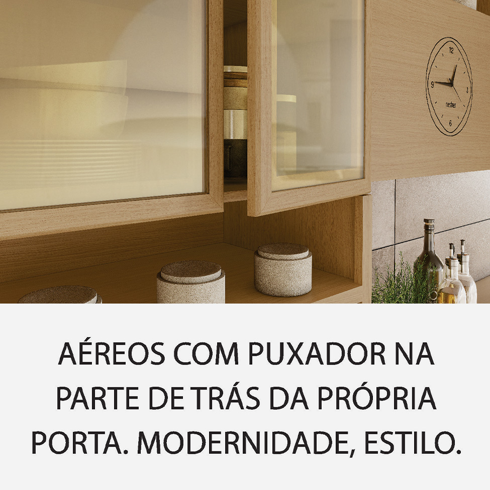 Cozinha Compacta Condessa com Vidro Reflecta e Relógio 8 Portas 1 Gaveta Carvalho e Greige