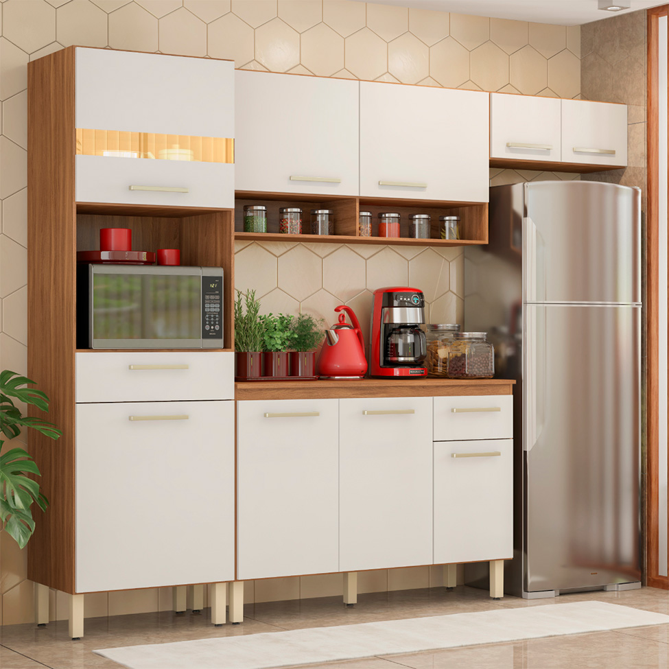 Cozinha Compacta Dama 9 Portas 2 Gavetas Amêndola e Branco