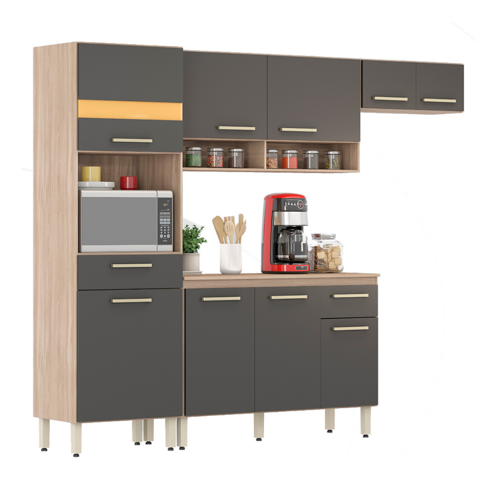 Cozinha Compacta Dama 9 Portas 2 Gavetas Avena e Grafite