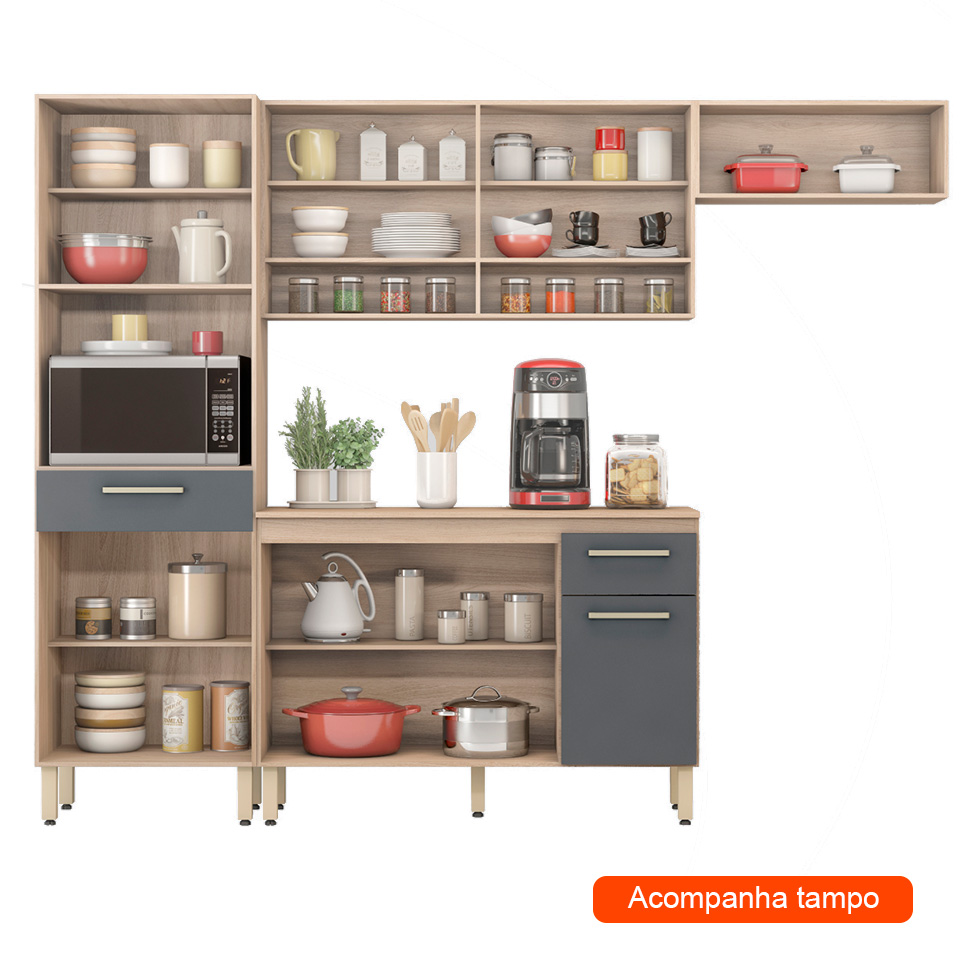 Cozinha Compacta Dama 9 Portas 2 Gavetas Avena e Grafite