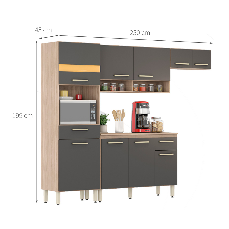Cozinha Compacta Dama 9 Portas 2 Gavetas Avena e Grafite
