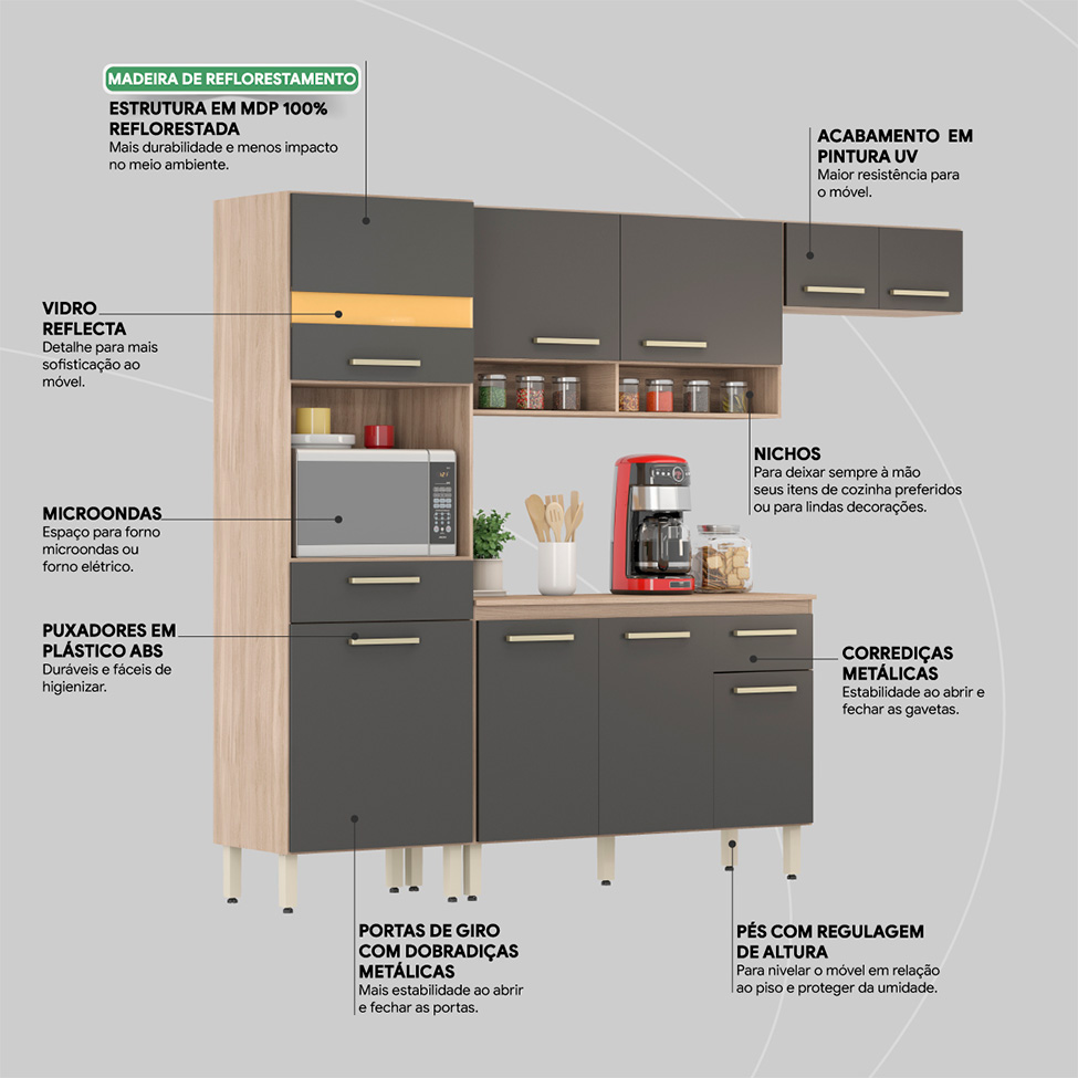 Cozinha Compacta Dama 9 Portas 2 Gavetas Avena e Grafite