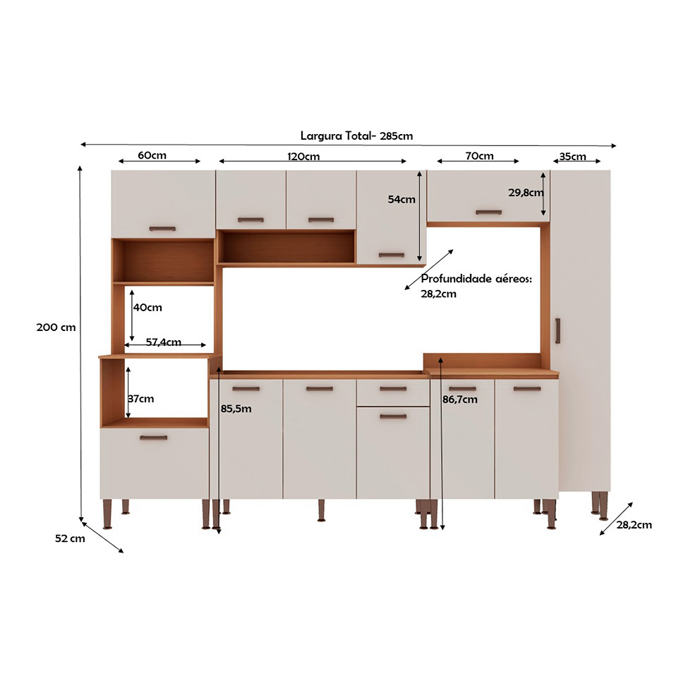 Cozinha Compacta Essência 100% MDF 12 Portas 1 Gaveta Freijó e Off White