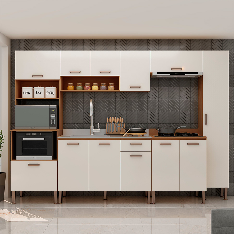Cozinha Compacta Essência 100% MDF 12 Portas 1 Gaveta Freijó e Off White