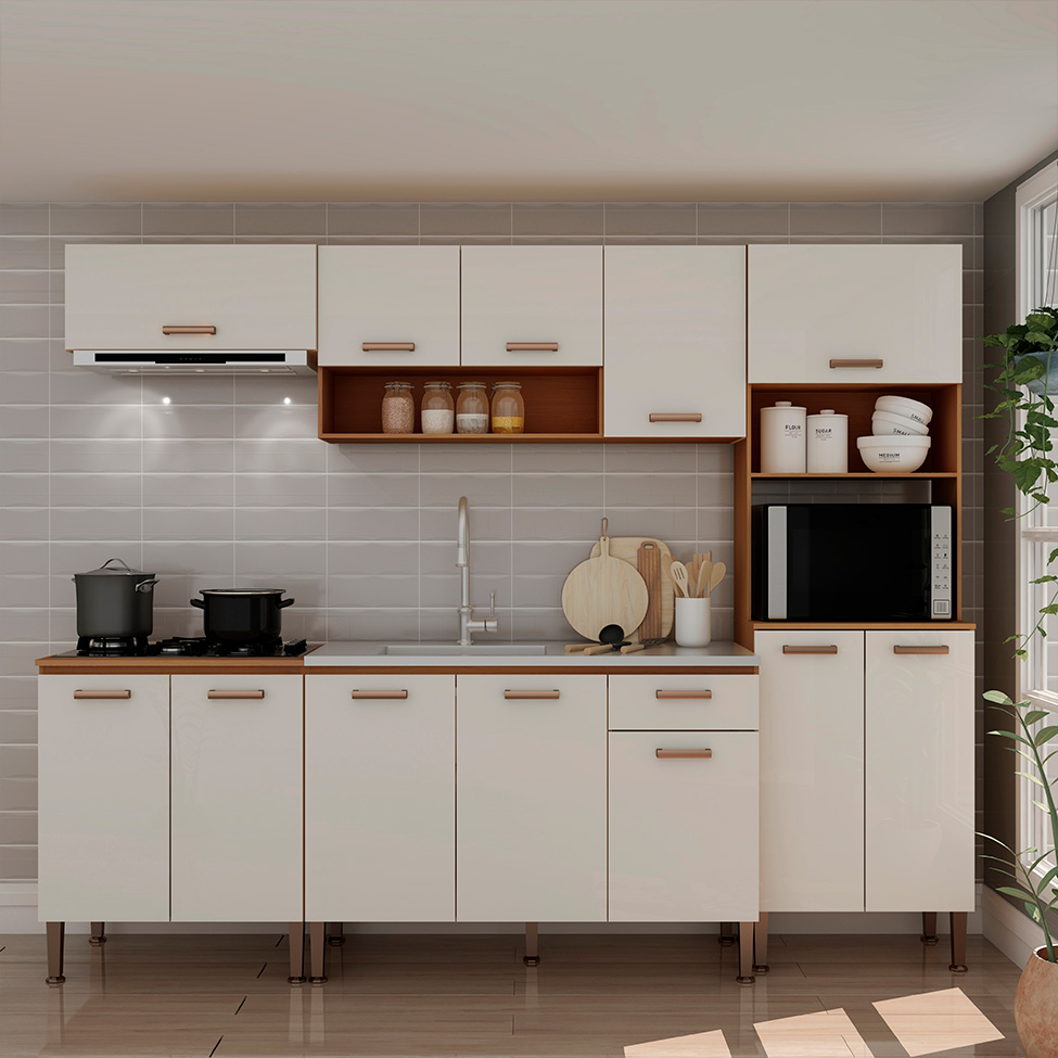 Cozinha Compacta Essência 100% MDF 12 Portas 1 Gaveta Frejó e Off White