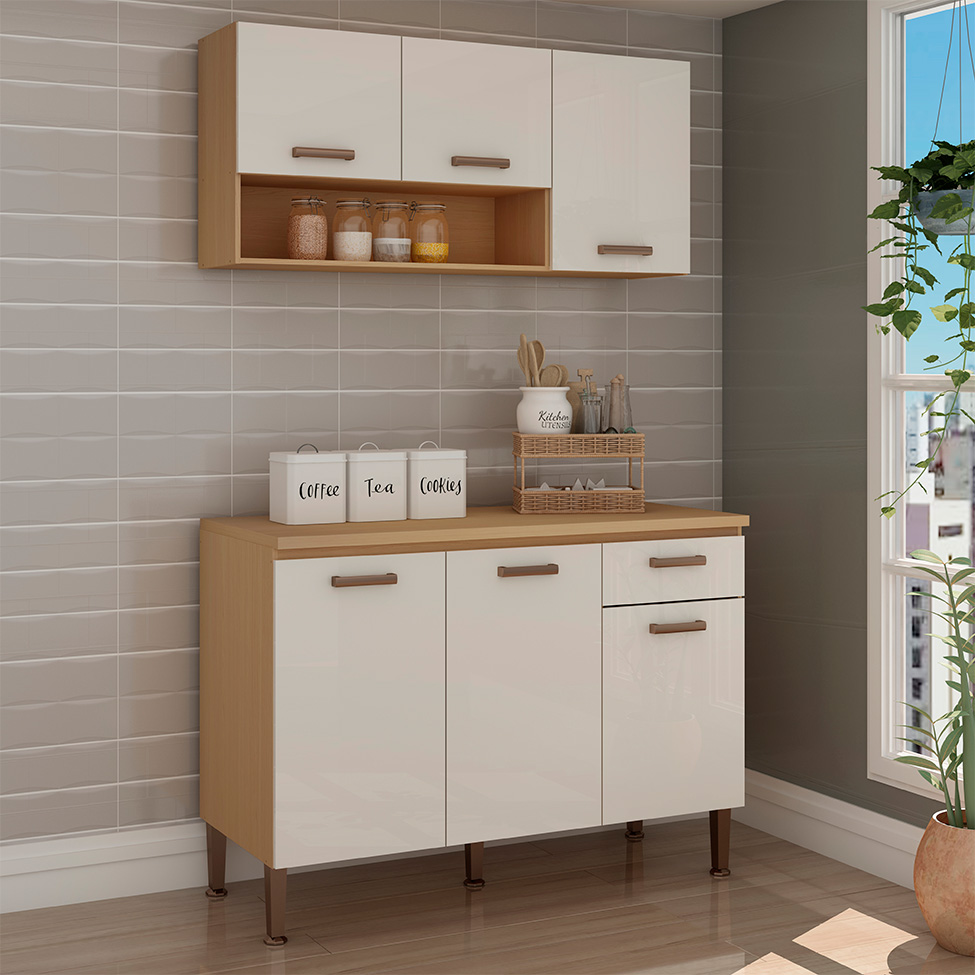 Cozinha Compacta Essência 100% MDF 6 Portas 1 Gaveta Freijó e Off White