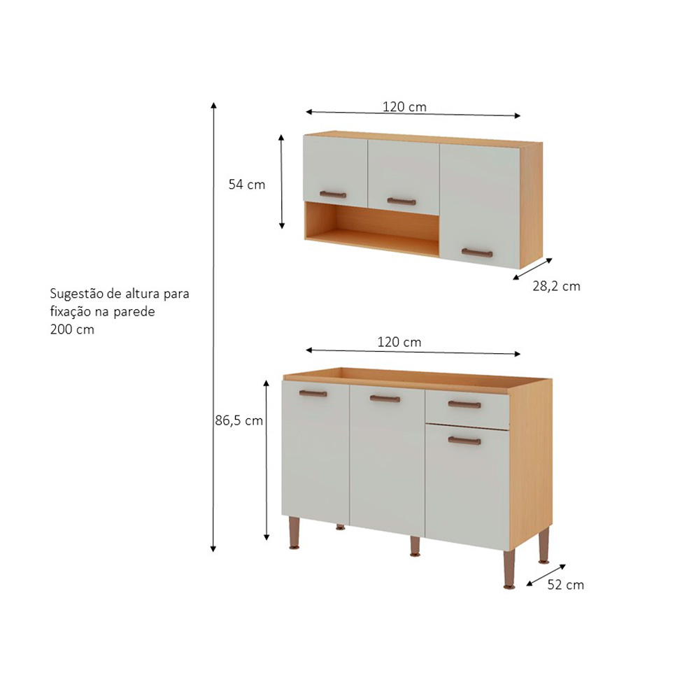 Cozinha Compacta Essência 100% MDF 6 Portas 1 Gaveta Freijó e Off White