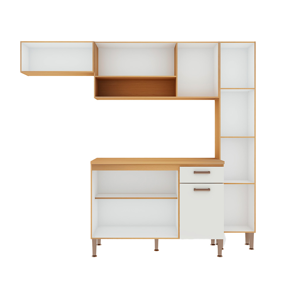 Cozinha Compacta Essência 100% MDF 8 Portas 1 Gaveta Freijó e Off White 225 cm