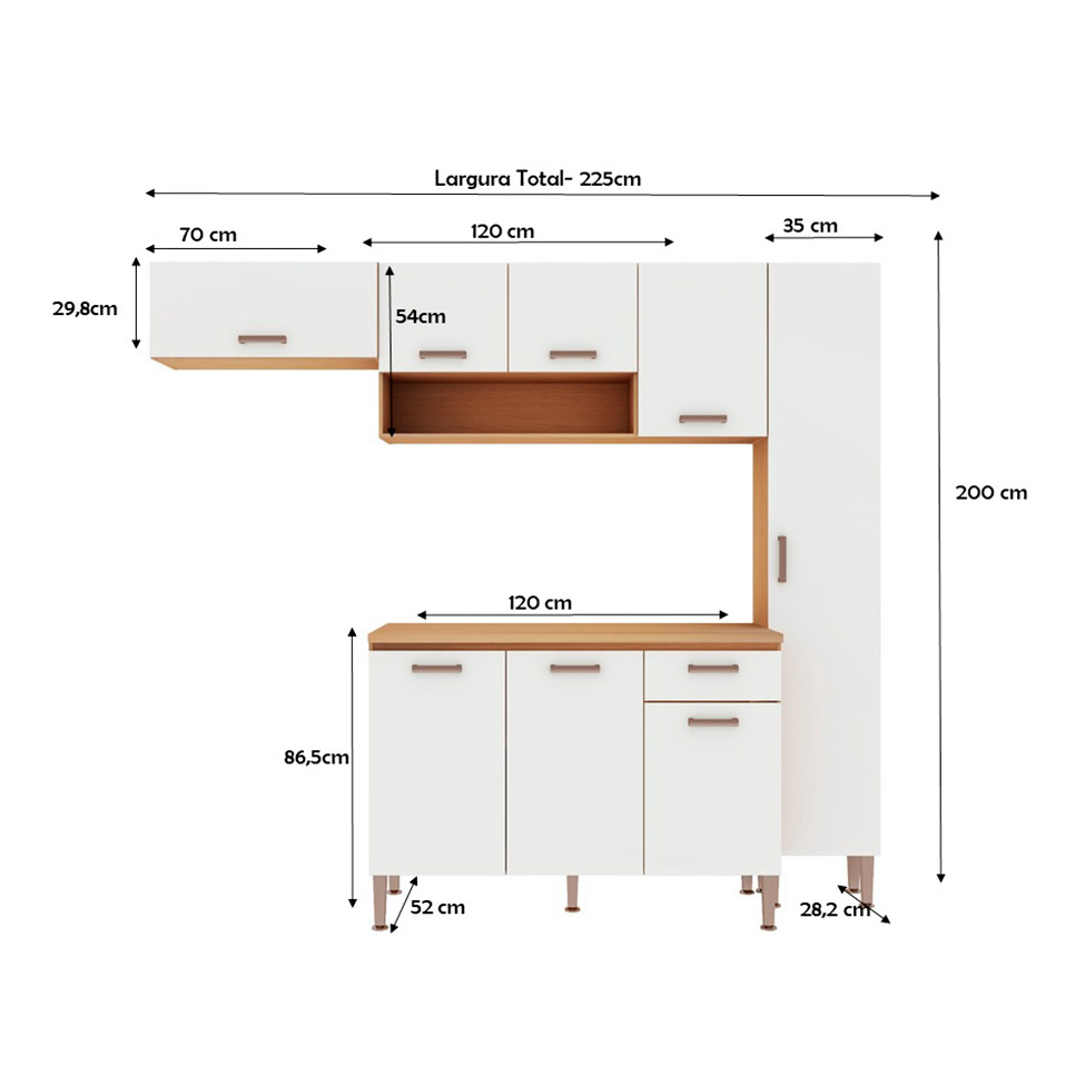 Cozinha Compacta Essência 100% MDF 8 Portas 1 Gaveta Freijó e Off White 225 cm