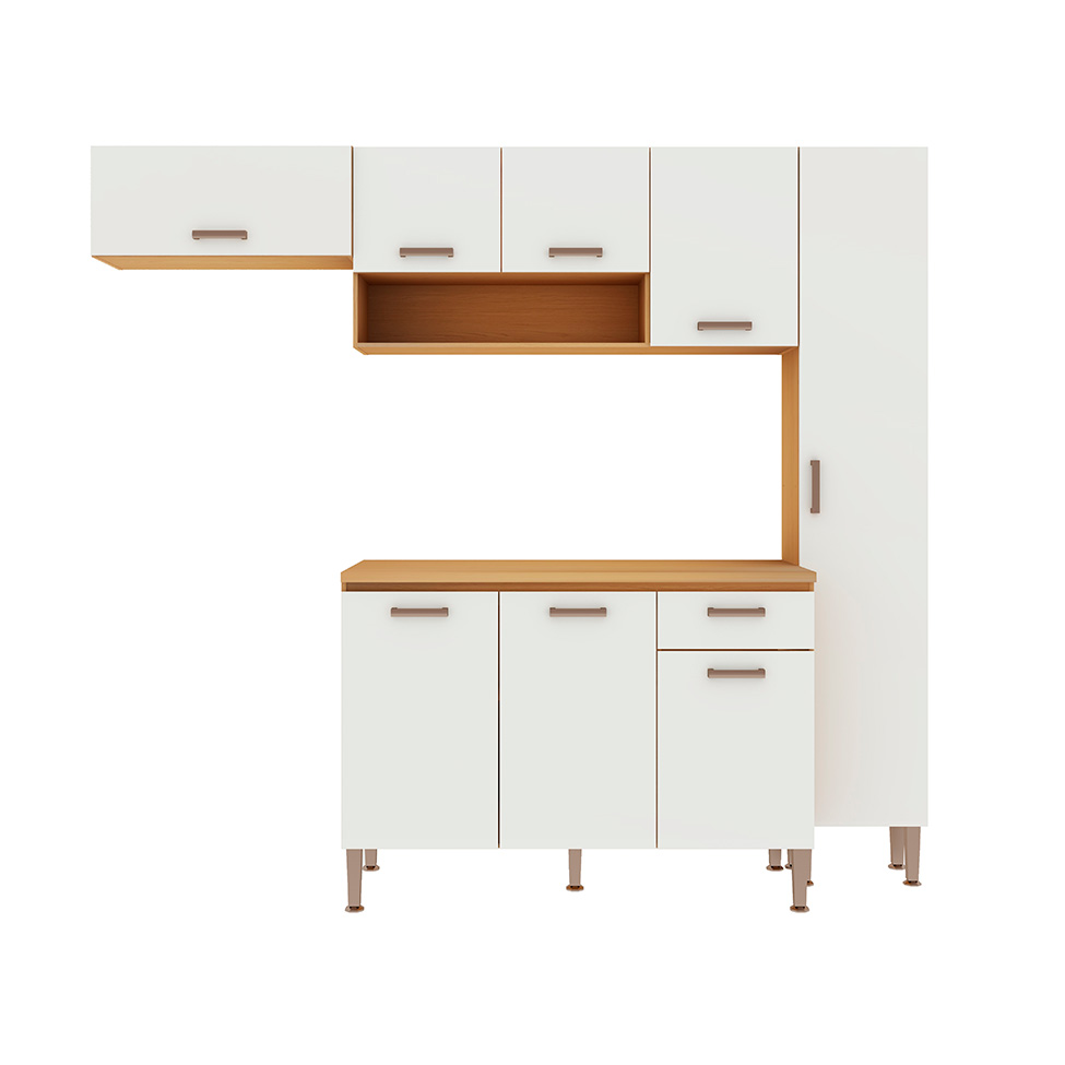 Cozinha Compacta Essência 100% MDF 8 Portas 1 Gaveta Freijó e Off White 225 cm