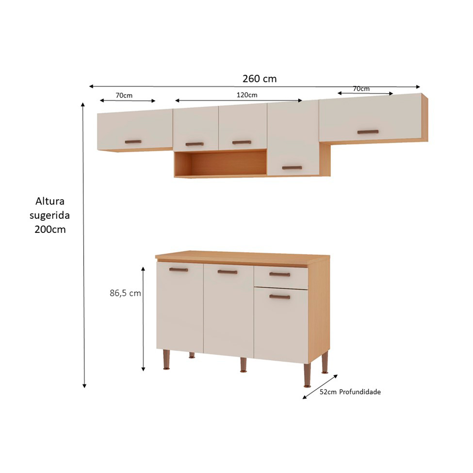 Cozinha Compacta Essência 100% MDF 8 Portas 1 Gaveta Freijó e Off White 260 cm