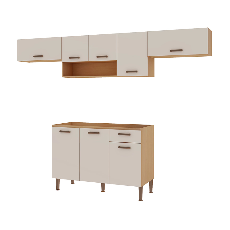 Cozinha Compacta Essência 100% MDF 8 Portas 1 Gaveta Freijó e Off White 260 cm