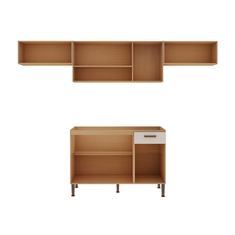 Cozinha Compacta Essência 100% MDF 8 Portas 1 Gaveta Freijó e Off White 260 cm