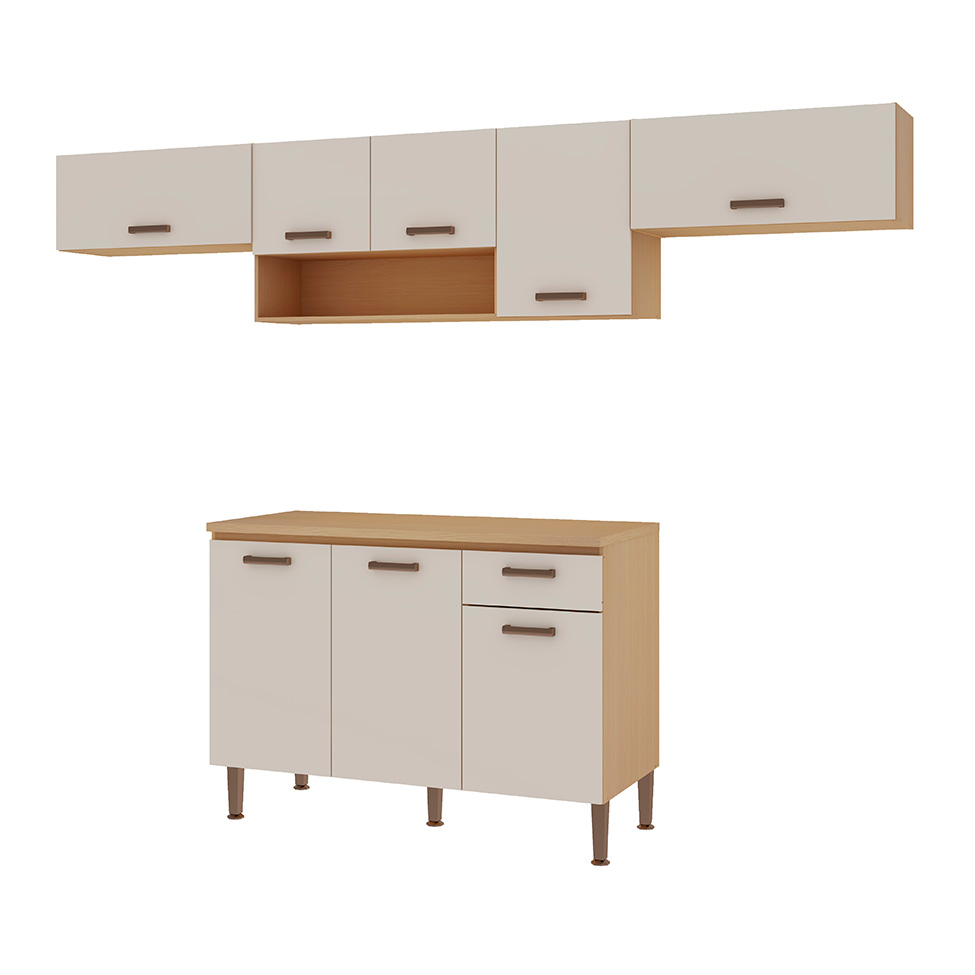 Cozinha Compacta Essência 100% MDF 8 Portas 1 Gaveta Freijó e Off White 260 cm