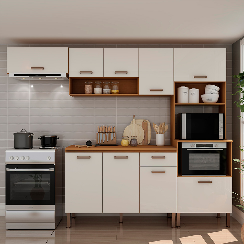 Cozinha Compacta Essência 100% MDF 9 Portas 1 Gaveta Freijó e Off White