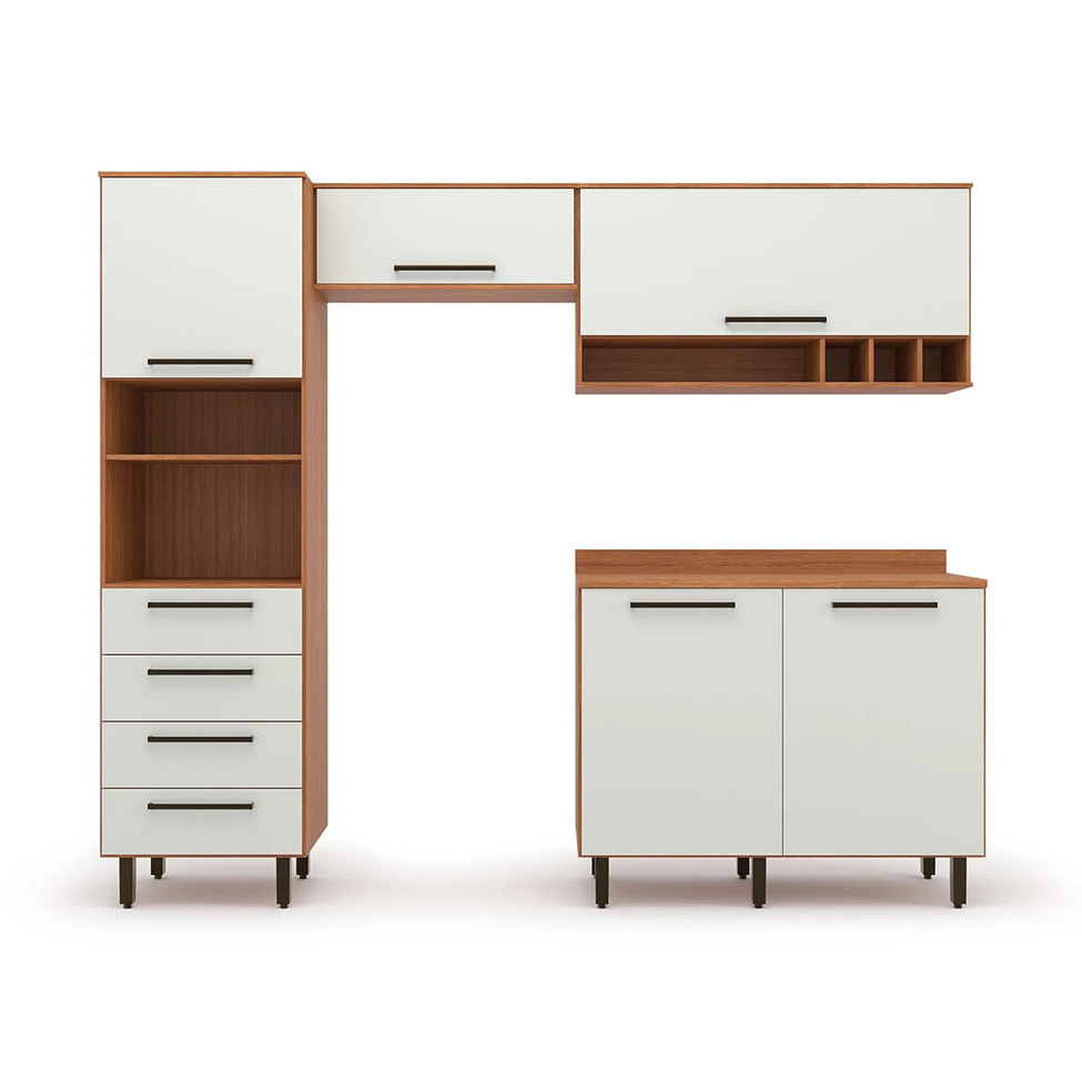 Cozinha Compacta Evolution 5 Portas 4 Gavetas Off White e Freijó