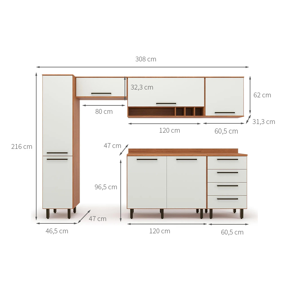 Cozinha Compacta Evolution 7 Portas 4 Gavetas Off White e Freijó