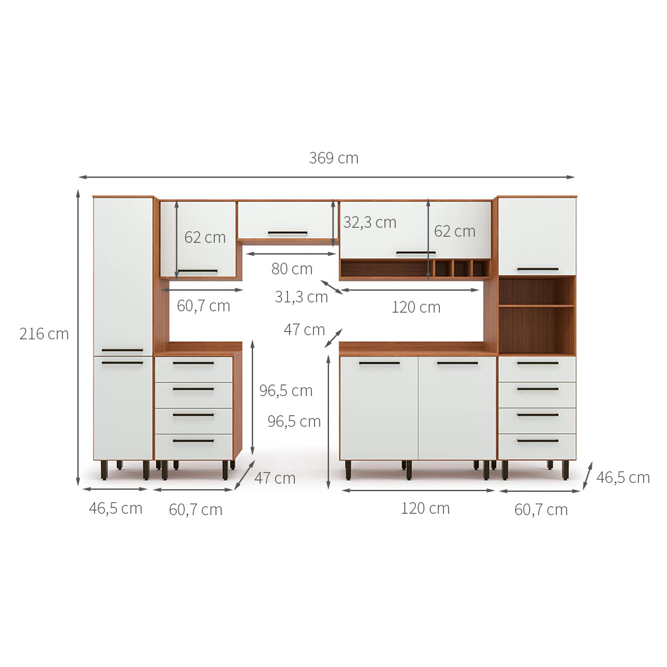 Cozinha Compacta Evolution 8 Portas 8 Gavetas Off White e Freijó