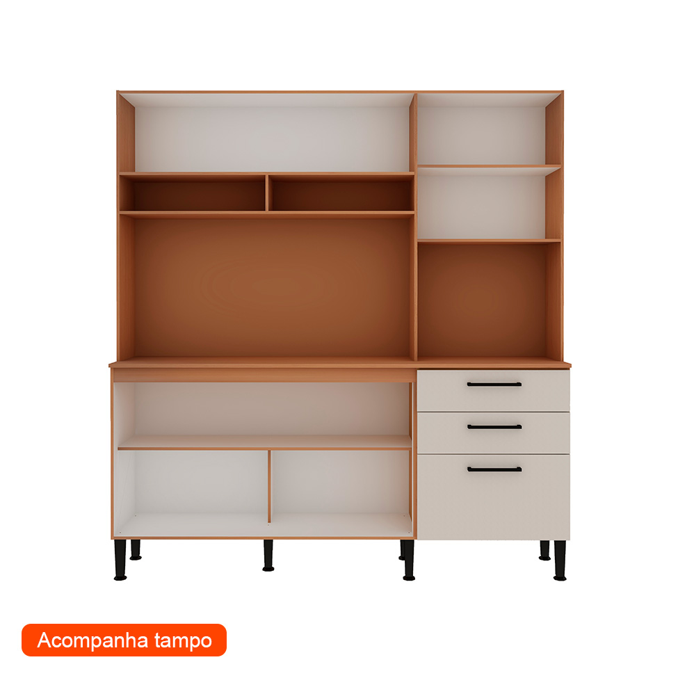 Cozinha Compacta Fiore 100% MDF 5 Portas 2 Gavetas Freijó e Off White