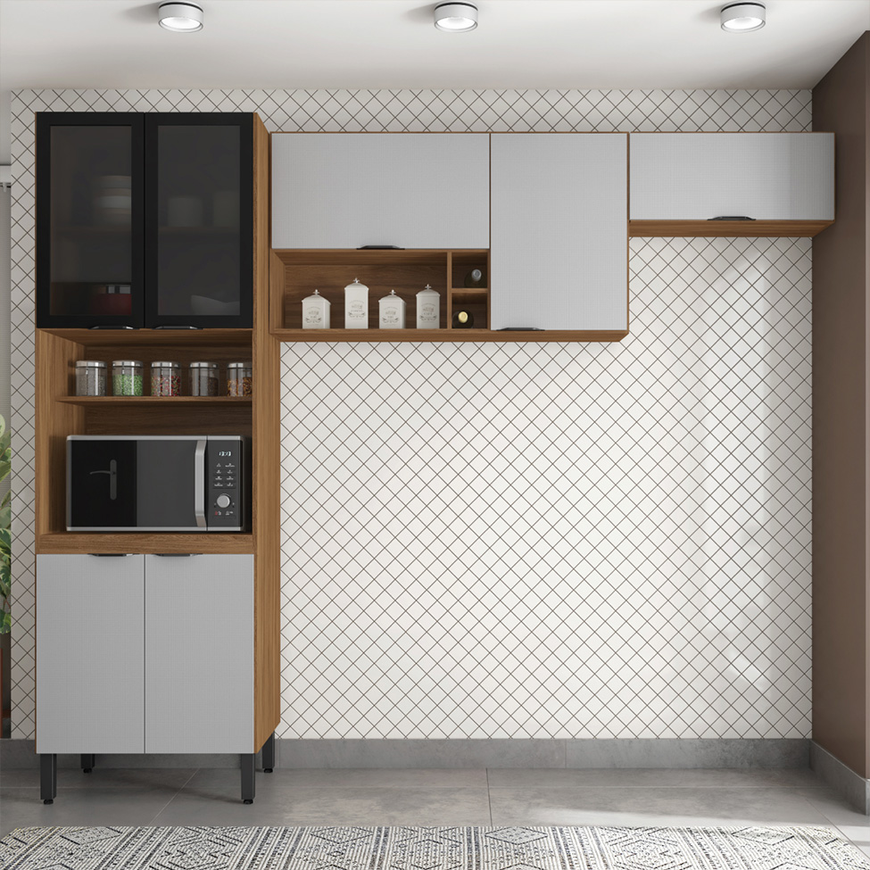 Cozinha Compacta Firenze 7 Portas Gavetas Amêndola e Bege
