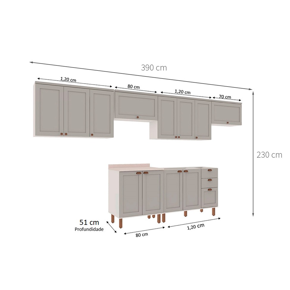 Cozinha Compacta Iluminata 12 Portas 3 Fendi e Branco