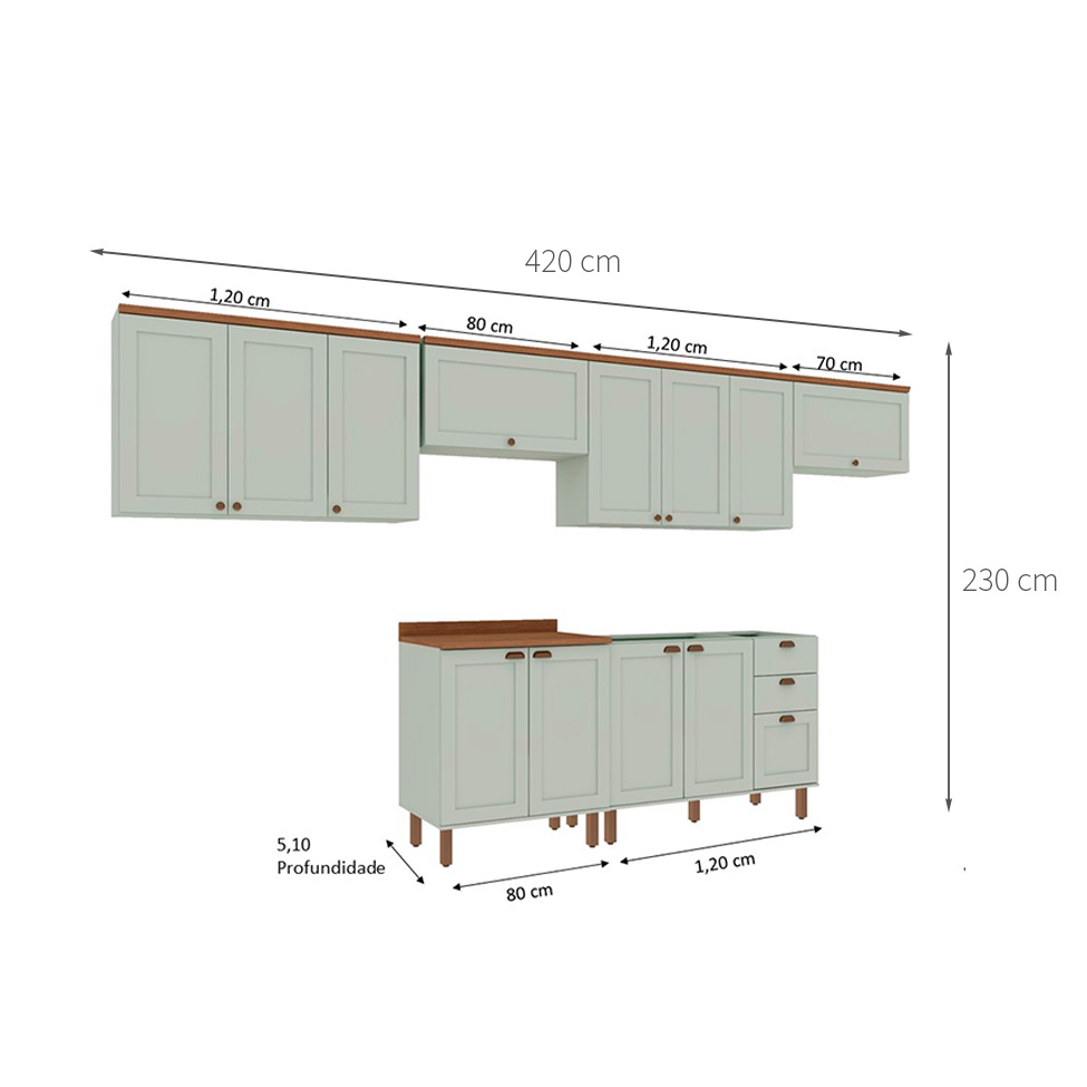Cozinha Compacta Iluminata 12 Portas 3 Gavetas Mint e Ébano