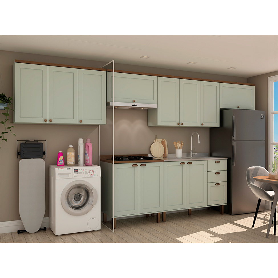 Cozinha Compacta Iluminata 12 Portas 3 Gavetas Mint e Ébano