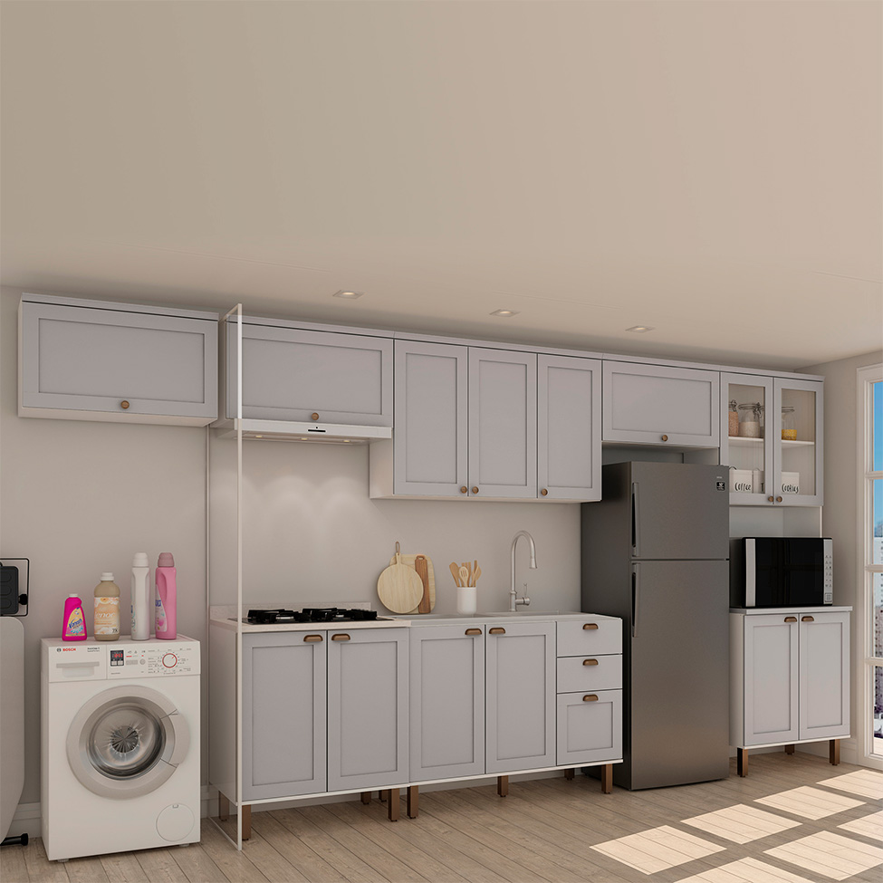 Cozinha Compacta Iluminata 14 Portas 3 Fendi e Branco