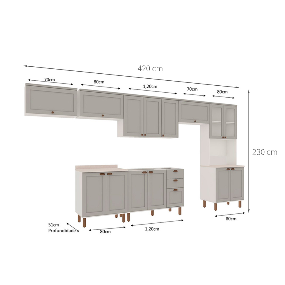 Cozinha Compacta Iluminata 14 Portas 3 Fendi e Branco