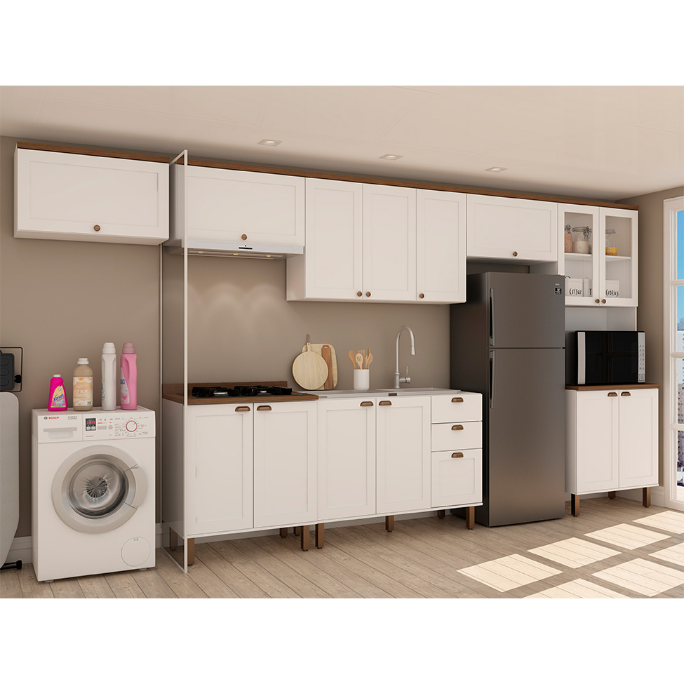 Cozinha Compacta Iluminata 14 Portas 3 Gavetas Branco e Ébano