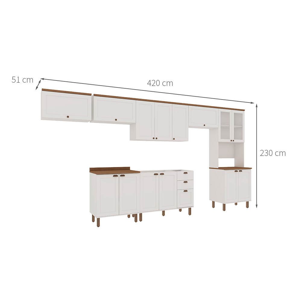 Cozinha Compacta Iluminata 14 Portas 3 Gavetas Branco e Ébano