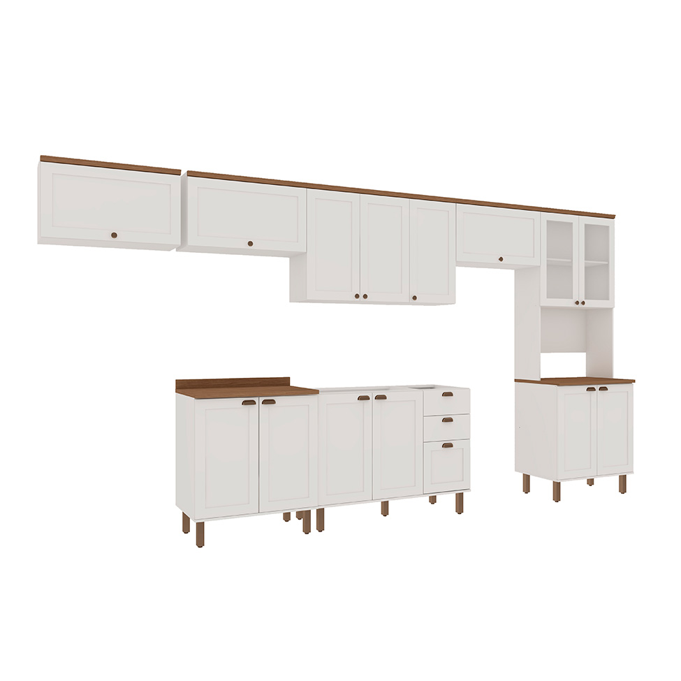 Cozinha Compacta Iluminata 14 Portas 3 Gavetas Branco e Ébano